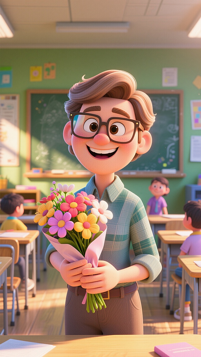 3D卡通风格，拟人化教师手捧鲜花，清新明亮，营造温馨教师节氛围。