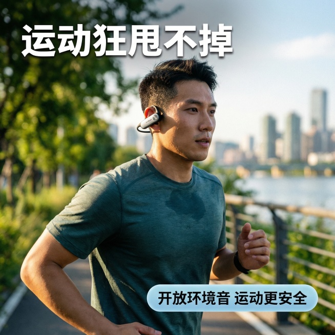 [主图 4] RunBeats运动蓝牙耳机使用场景体验展示
[氛围/风格] 动感户外场景，阳光活力，真实自然。
[画面元素] 亚洲男性跑者在城市滨江跑道慢跑，佩戴RunBeats耳机，汗珠挂在鬓角，运预览效果