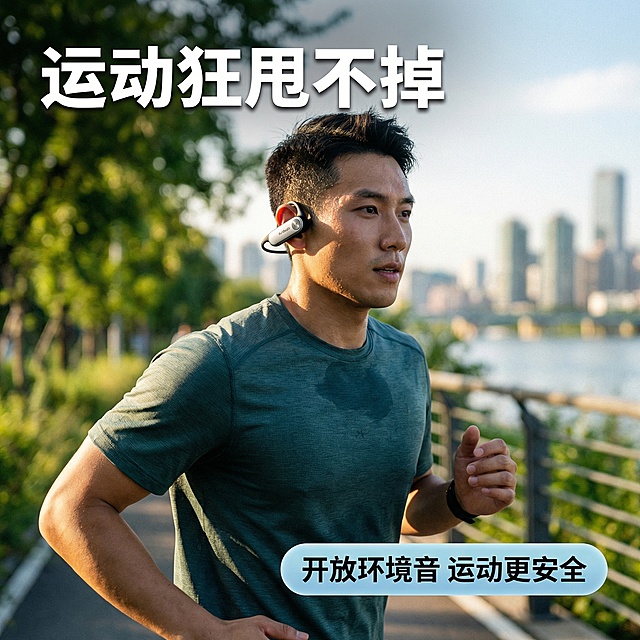 [主图 4] RunBeats运动蓝牙耳机使用场景体验展示
[氛围/风格] 动感户外场景，阳光活力，真实自然。
[画面元素] 亚洲男性跑者在城市滨江跑道慢跑，佩戴RunBeats耳机，汗珠挂在鬓角，运动姿态自然舒展，耳机佩戴稳固不晃动，背景虚化的跑道和绿植营造户外氛围感，整体清新有活力，主体为佩戴耳机的上半身姿态。
[配色色系] 主色调：自然绿蓝运动色；辅助色：耳机银黑色点缀。
[视角构图] 侧面跟拍视角，中景构图，人物主体突出。
[文字版式] 左上角文案 "运动狂甩不掉" 粗体白色，带轻微深色弥散投影，不遮挡人脸；右下角浅蓝半透明胶囊标注 "开放环境音 运动更安全" 白色文字。文案均放置在画面留白区域。
[比例分辨率] 1:1 比例，2k分辨率