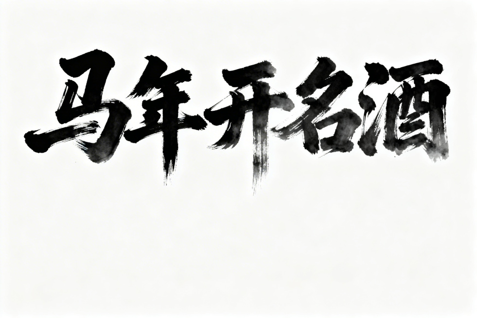 书法字体“马年开名酒”，毛笔书写，笔触苍劲有力，墨色浓淡自然，具有传统书法艺术美感预览效果