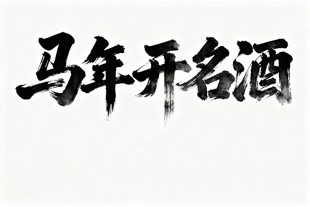 书法字体“马年开名酒”，毛笔书写，笔触苍劲有力，墨色浓淡自然，具有传统书法艺术美感