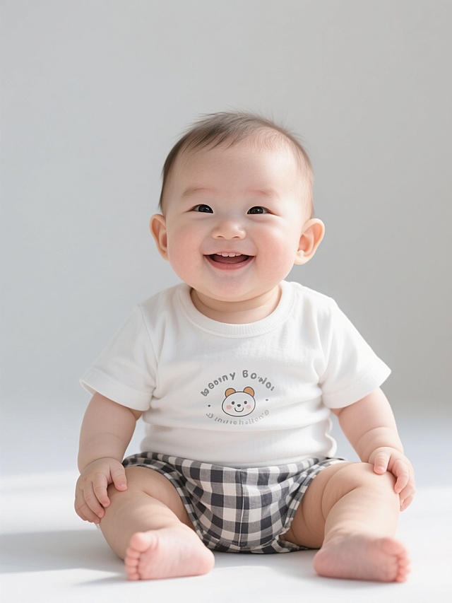 一张写实风格的婴儿肖像，主体是一个穿着白色短袖T恤和格子短裤的婴儿，婴儿面带微笑，坐在白色背景前，光线明亮柔和，皮肤质感细腻，色彩清新自然，整体氛围温馨可爱，突出婴儿的服饰装扮细节，T恤上有卡通图案和文字，短裤为格子花纹，构图简洁，视觉焦点集中在婴儿身上，画面清晰，细节丰富，具有真实的光影效果和立体感。