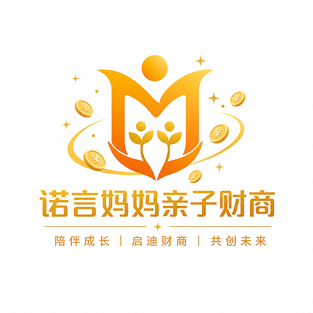 高端LOGO设计，品牌名称为"诺言妈妈亲子财商"，slogan为"陪伴成长 | 启迪财商 | 共创未来"。设计风格：字母图形融合风。将"诺"字的首字母N巧妙变形为妈妈张开双臂守护两个孩子的抽象造型，两个孩子化作两株向上生长的嫩芽，周围环绕金色金币与星光点缀。金色与阳光橙渐变配色，现代简约，几何感强，高级有辨识度，白色背景，矢量风格