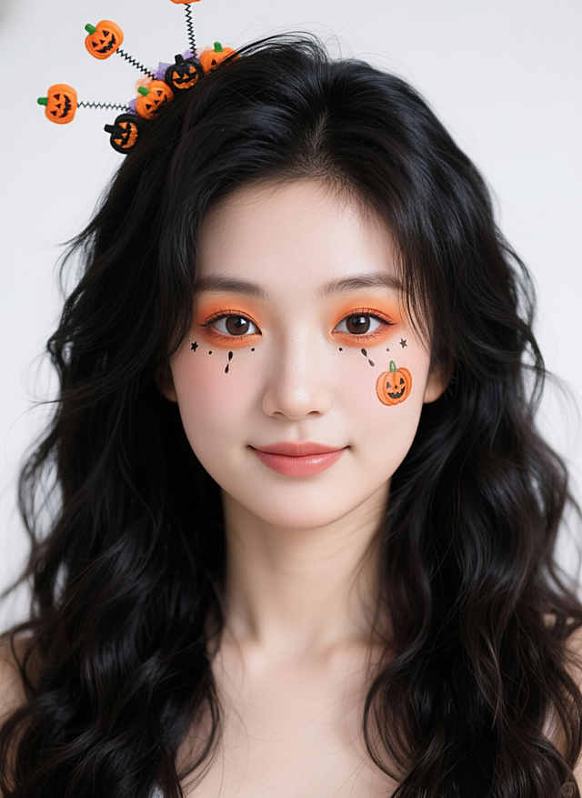 万圣节甜酷风妆容，眼妆以橙黄色系，眼周搭配星星、水滴状的黑色图案，橘色调下至、腮红，脸颊一个南瓜图案；带有南瓜、星星等元素的万圣节发饰，高饱和配色