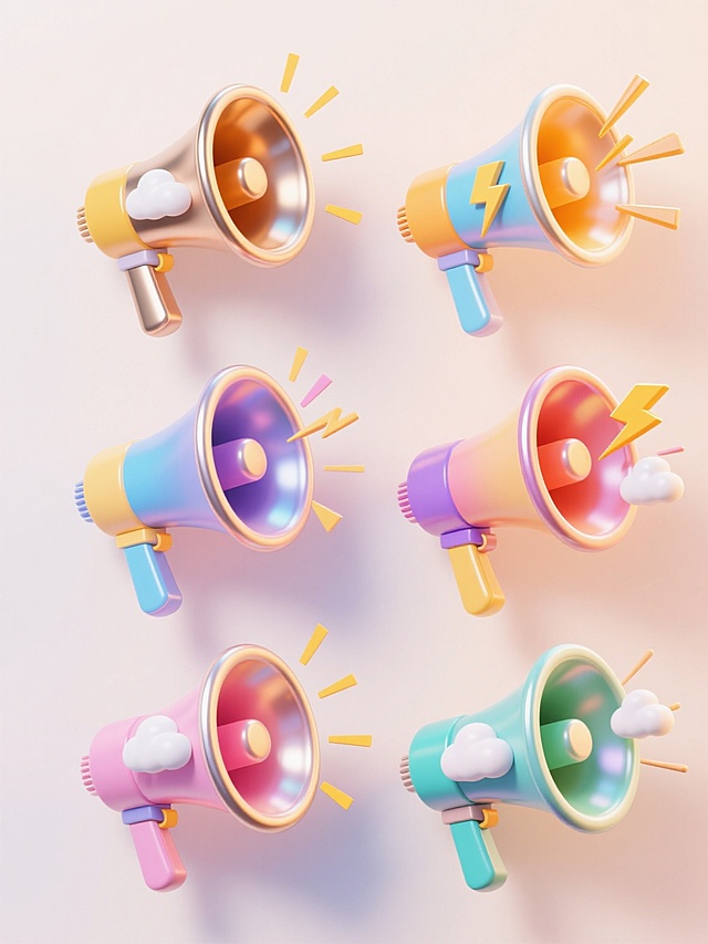 3D渲染风格，六个不同配色、不同样式、不同材质的喇叭造型，浅色背景，上下两行对齐排列，每个喇叭都有金属光泽和渐变色彩，边缘有高光处理，带有闪电和云朵等装饰元素，整体呈现出欢快明亮的促销氛围，视觉层次分明，信息传达清晰，设计感强。
