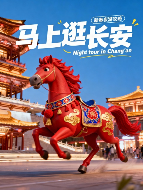 3D 卡通马形象，全身为鎏金红配色，鬃毛和尾巴为赤红色，神情威风灵动。正在西安大唐不夜城的步行街奔跑。马脖子上戴着唐纹绒球流苏中国风项圈，背部披着织锦马鞍，装饰有红、金、蓝交织的牡丹纹样，身上有金色祥预览效果