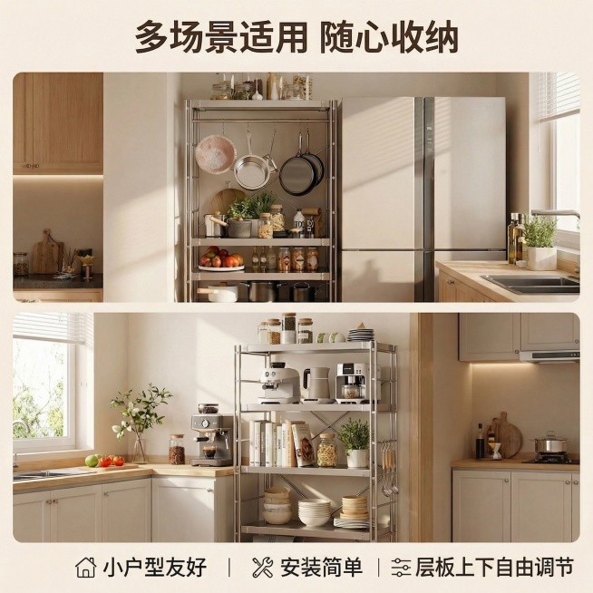 参考提供的产品图，产品外观保持一致，生成第三张电商主图：展示不锈钢置物架在不同厨房空间的百搭适配效果，使用双格拼图布局，上半部分展示放在冰箱旁夹缝场景，下半部分展示放在开放式厨房角落场景，统一温馨暖调预览效果