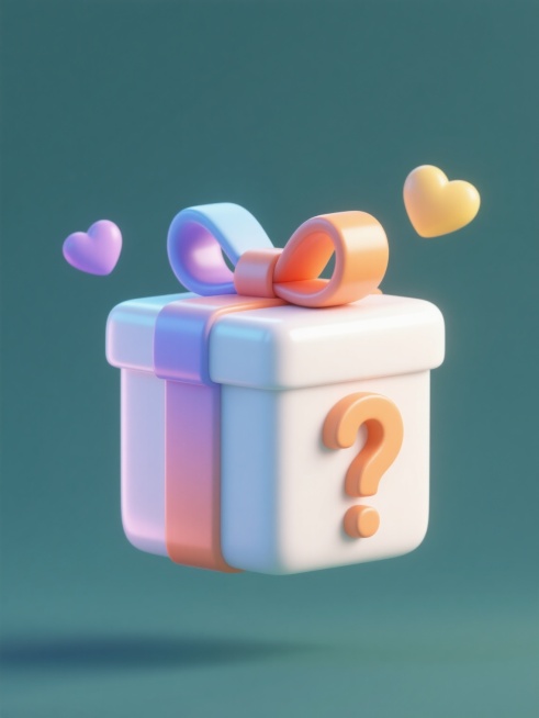 3D渲染风格的盲盒图案，简约现代造型，正方体盲盒主体，表面光滑有光泽，顶部系着双层蝴蝶结，正面和右侧面各有一个立体问号装饰，盲盒周围点缀着两个悬浮的心形元素，整体采用[此处可替换为不同颜色，如：清新蓝、活力橙、优雅紫、温暖黄、沉稳绿、纯净白]的渐变色调，色彩过渡柔和自然，高光和阴影细节丰富，营造出圆润可爱的质感，纯色背景，无文字，无logo，无水印，图案居中规整排布，单一盲盒元素。预览效果