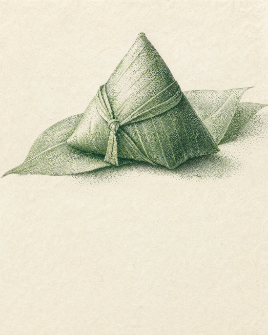 以点绘/半色调网点技法绘制的粽子插画，粽叶呈自然的三角包裹形态，整体为单色系绿色渐变，通过疏密变化的细小色点表现粽叶的纹理、褶皱与光影立体感，亮部点稀疏、暗部点密集。背景是带有天然纤维纹理的米白色宣纸预览效果