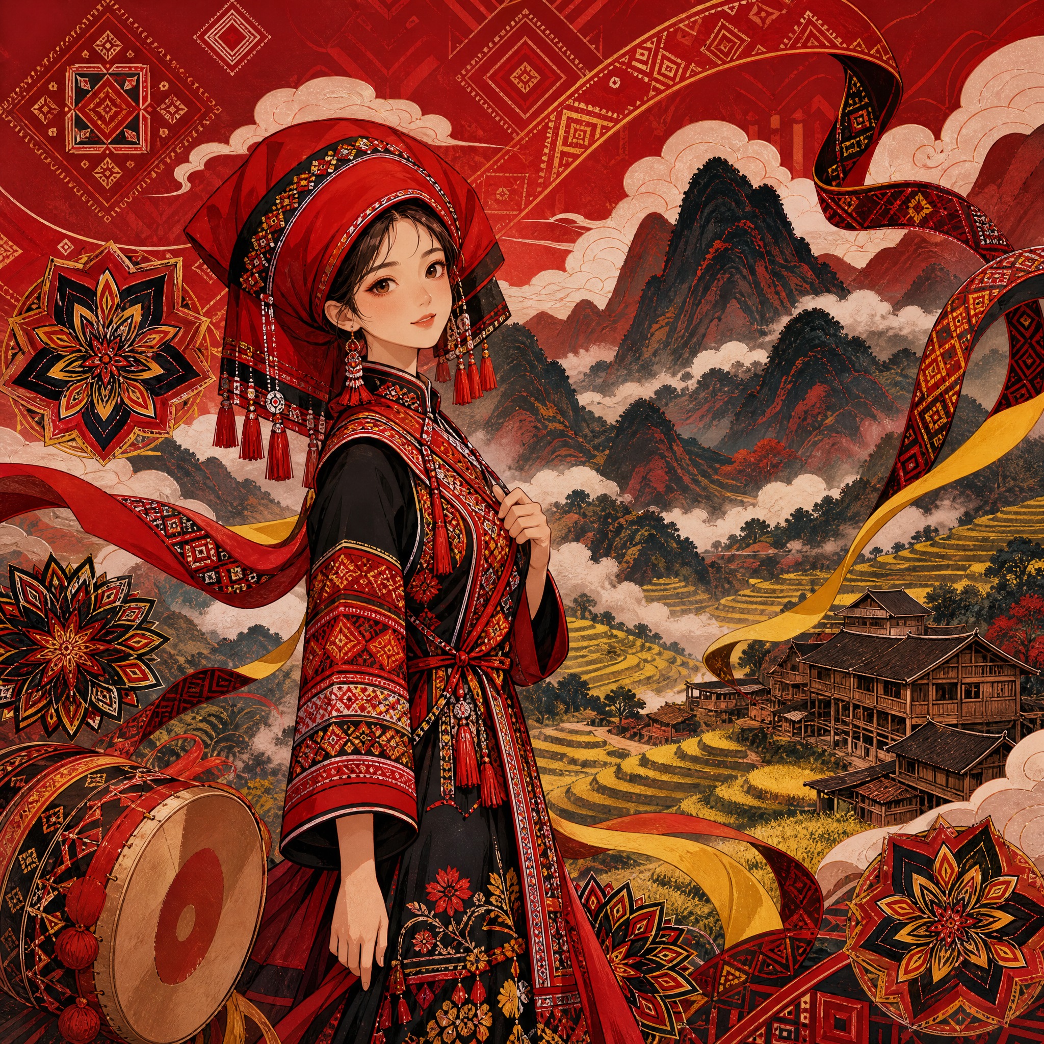 国潮插画，瑶族主题，一位瑶族少女身着精美刺绣的传统服饰，头戴红… - 图片创意预览