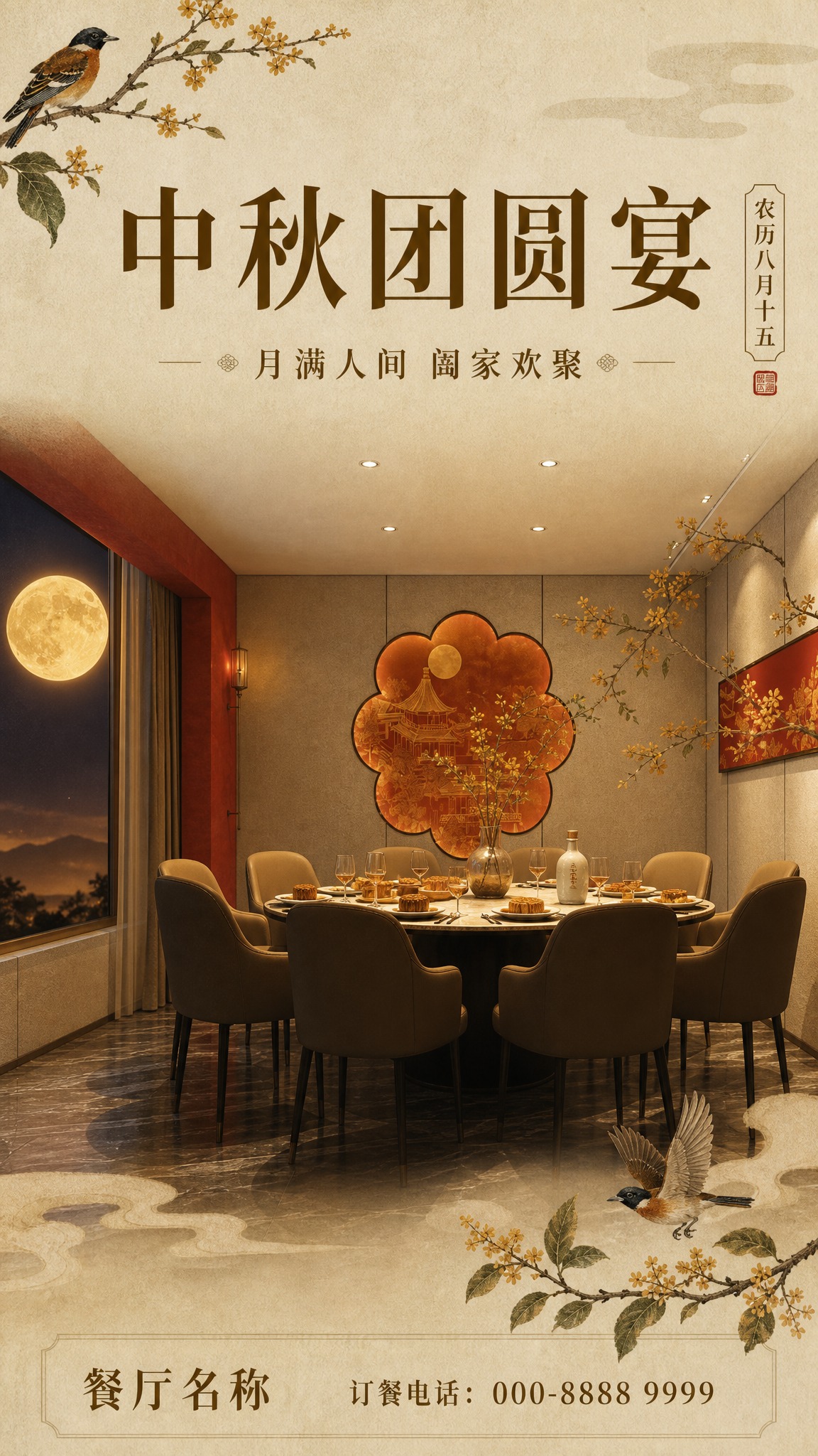 结合两张参考图，生成高级感中秋节餐馆宣传海报。以第一张中式餐厅… - 图片创意预览