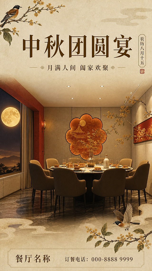 结合两张参考图，生成高级感中秋节餐馆宣传海报。以第一张中式餐厅包厢为场景主体，保留圆桌与雅致中式装修，融入第二张图的复古国风美学风格：米黄色宣纸质感背景、金色圆月、桂花枝与飞鸟元素。窗外悬挂一轮金色满月，桌上摆放精致月饼与酒具，墙面点缀桂花枝装饰。整体色调为暖金与米白搭配，高级雅致。画面上方添加正楷体大字标题"中秋团圆宴"，字体端正大气不花哨，右侧标注"农历八月十五"，下方配正楷体副标题"月满人间 阖家欢聚"，底部预留餐馆名称与订餐电话位置。竖版构图，复古国风高级质感，字体全部使用正楷体，端庄大气，适合高端餐馆中秋节宣传。