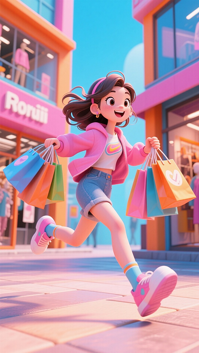 一位女生身着潮流休闲服，奔跑冲向镜头，动态感，手持各色购物袋，背景是时尚商业街，天空粉蓝色橙色渐变，动作夸张，青春有活力，透视感强