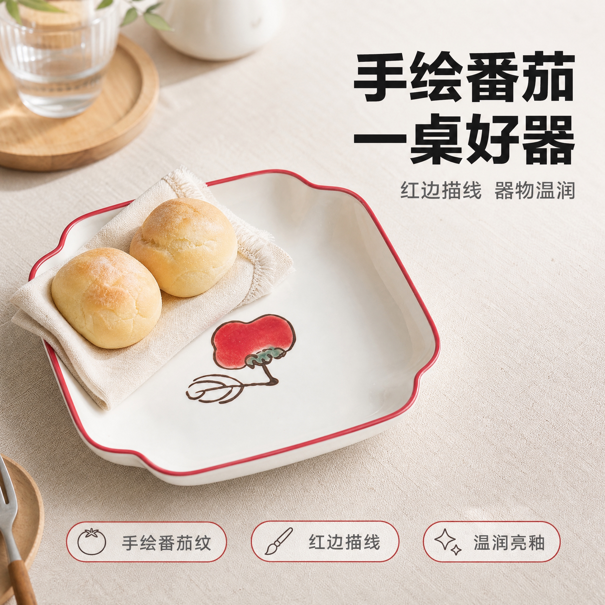 [主图-3] 红边番茄纹白瓷方盘。唯一任务：餐厨器皿首图，突出… - 图片创意预览