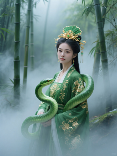 一位身着绿色古风服饰的女子，她的服饰上有金色的精美花纹和装饰，头上戴着带有金绿色饰品的头饰，尽显神秘优雅。女子身处一片雾气弥漫的竹林之中，身旁有一条绿色的大蛇相伴。背景的竹子和弥漫的雾气营造出一种幽静预览效果