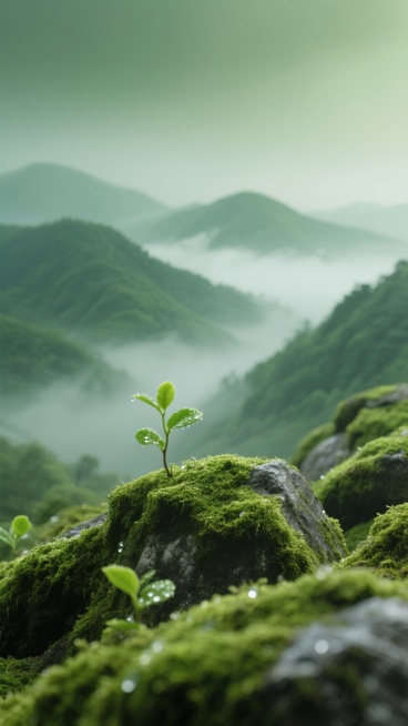 超写实摄影，近景鲜绿苔藓覆盖的岩石带微光，嫩绿新芽带晨露显植物纹理，背景层层青山云雾缭绕呈绿渐变，远山薄雾隐，浅景深前景清后景虚，柔和均匀散射光，绿调过渡自然生机静谧的背景素材预览效果