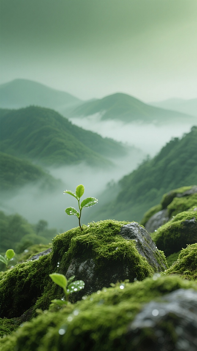 超写实摄影，近景鲜绿苔藓覆盖的岩石带微光，嫩绿新芽带晨露显植物纹理，背景层层青山云雾缭绕呈绿渐变，远山薄雾隐，浅景深前景清后景虚，柔和均匀散射光，绿调过渡自然生机静谧的背景素材