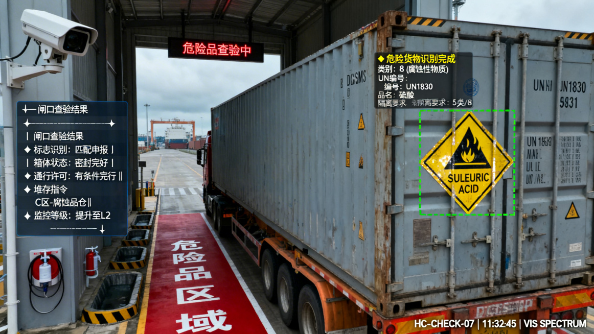 画面构图：
海关监管区智能闸口的单摄像头监控视角，摄像头固定于查验通道上方的防爆型工业云台。画面呈现标准的安防监控质感，带有轻微广角畸变，右下角显示白色信息：“HG-CHECK-07 | 11:32:预览效果