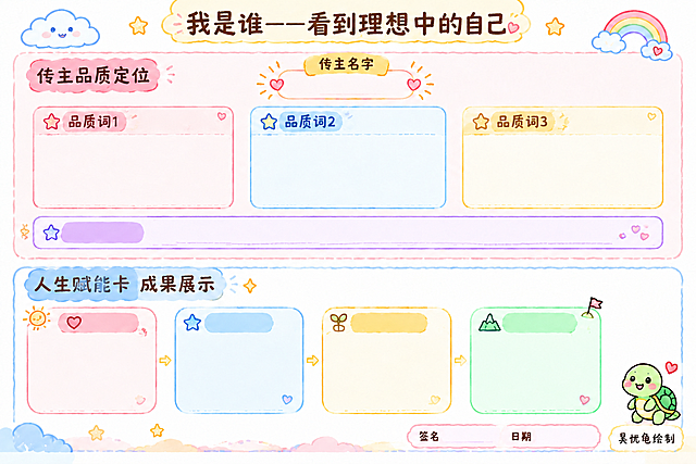 将画布顶部主标题文字修改为"我是谁——看到理想中的自己"，其余所有元素保持不变。A4横版空白画布，温馨可爱手绘插画风，马卡龙色系，上半区传主品质定位模块，下半区人生赋能卡成果展示模块，右下角有可爱小乌龟和"吴忧龟绘制"落款，所有填写区域为空白。只修改顶部主标题文字内容为"我是谁——看到理想中的自己"，标题的装饰框、云朵星星彩虹等装饰、整体布局、配色、风格全部保持原样不变。