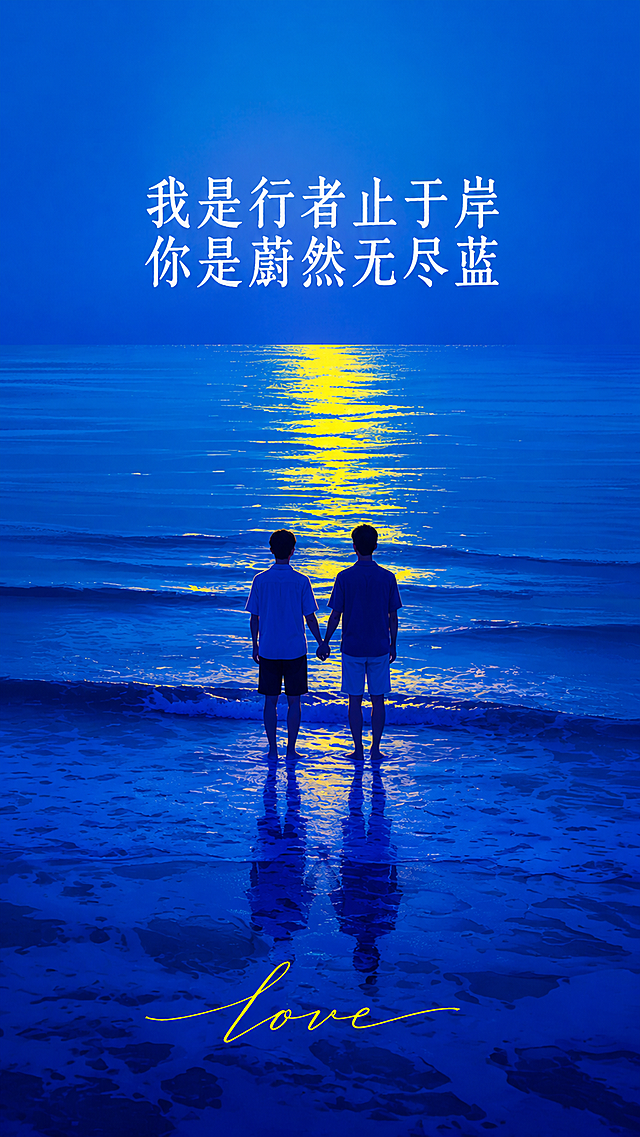 参考原图蓝色静谧大海风格，保留海面黄色月光倒影，修改内容：顶部白色文字替换成"我是行者止于岸 你是蔚然无尽蓝"，下方添加黄色英文文字"love"，原来的单人背影换成两个牵手的男人背影，整体调整为竖版16:9构图