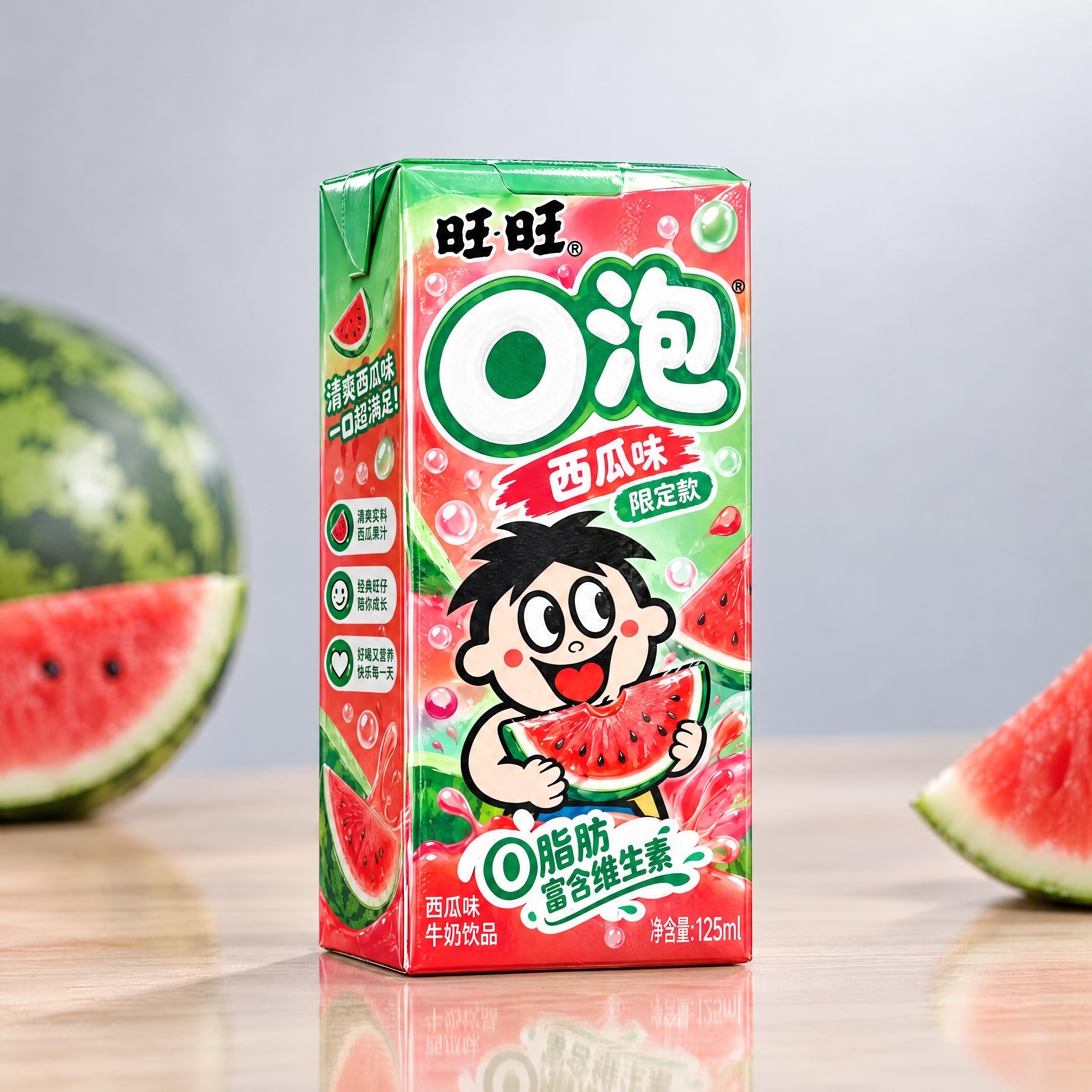 基于参考图中的旺旺O泡果奶西瓜味包装设计，生成一个逼真的125… - 图片创意预览