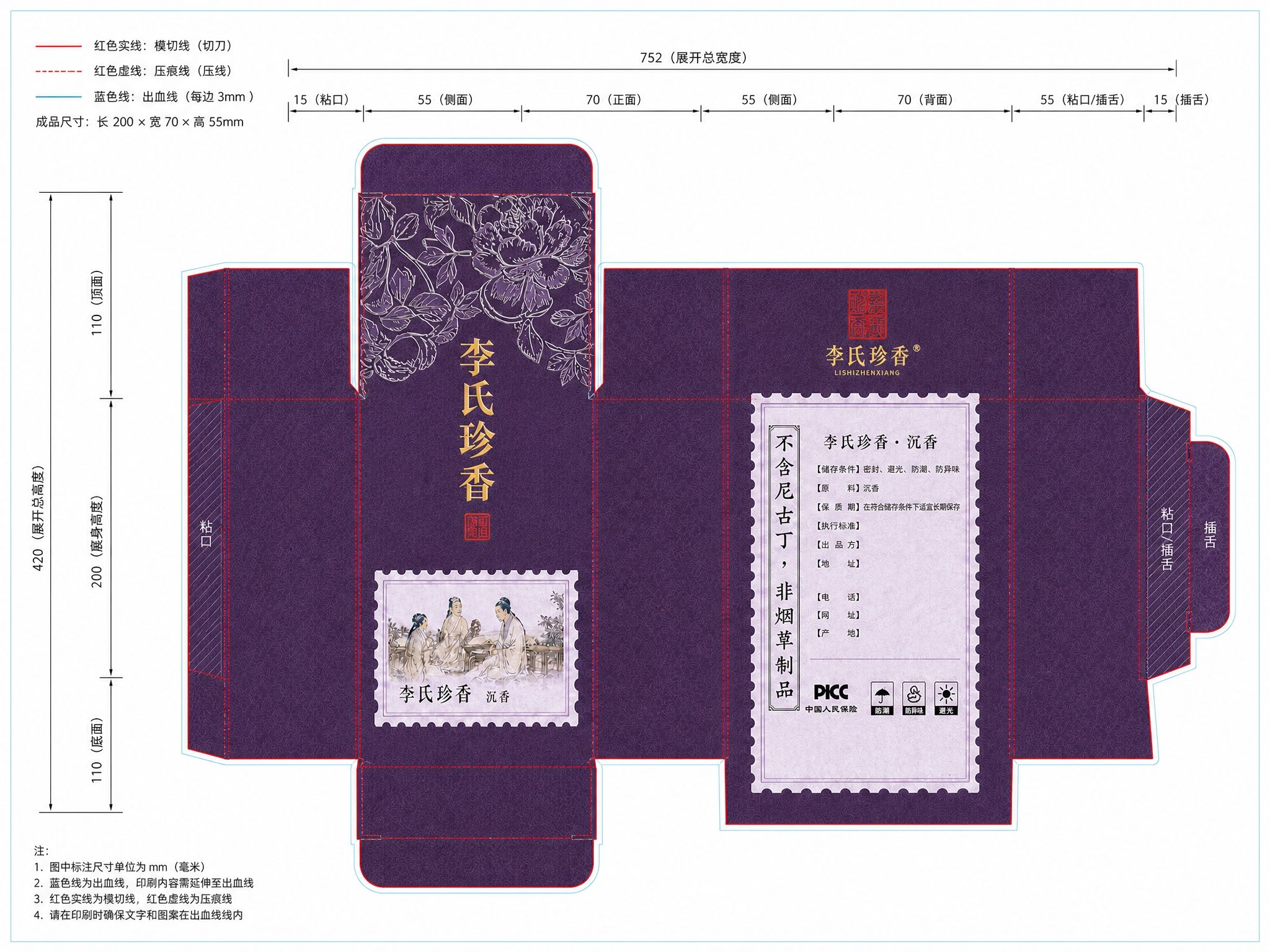 生成李氏珍香沉香包装盒的印刷平面展开图（刀版图），包装盒成品尺… - 图片创意预览