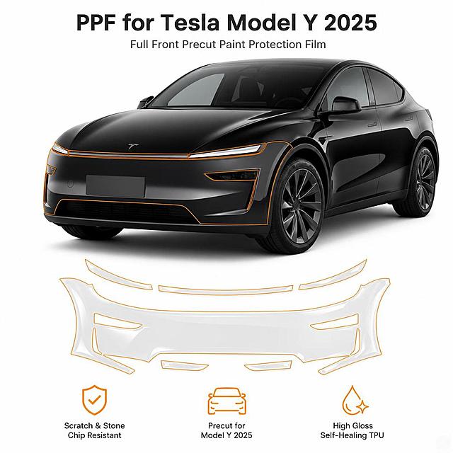 [单张主图] Tesla Model Y 2025款全车PPF漆面保护膜 高级质感白底主图 让顾客一眼识别商品。
[路线判断] 高级氛围感主图路线，中高端汽车配件，强调专车专用、透明隐形质感与专业品质，白底极简风格符合亚马逊跨境平台调性。
[画面主体] 画面上半部分为一辆黑色Tesla Model Y 2025焕新版汽车的前45度视角，前保险杠、大灯区域、前唇等部位用清晰的橙色轮廓线标注出PPF贴膜覆盖区域，标注线精准贴合车身线条；画面下半部分为对应部位的预裁PPF膜片平铺展开展示，膜片呈透明高光泽TPU质感，边缘切割精准，形状与上车部位完全对应，膜片数量与形状和输入产品图中的膜片完全一致。**保持PPF膜片的外观形状、数量、切割轮廓、橙色标注线样式与输入产品图完全一致，杜绝任何变形和形状偏差，精细化处理膜片边缘与透明质感**。汽车与膜片共同作为主体，整体占画面约70%。
[构图版式] 采用「上下结构产品展示型」高级感版式：上半区汽车主体展示安装效果与覆盖部位，下半区膜片平铺展示产品形态，中间自然过渡，顶部与底部留出文案与卖点空间，左右对称留白，视觉重心稳定居中。
[场景元素] 纯白色#FFFFFF干净背景，无多余杂物与场景道具；汽车底部有极淡柔和的接触阴影，增强立体感但不突兀；膜片平铺在纯白底面上，边缘有极细微的高光折射体现透明TPU材质；画面右下角有一个细微的光泽反射点提升质感。
[文案版式] 全部文字为英文，字体使用现代无衬线粗体，清晰锐利。
- 顶部居中主标题："PPF for Tesla Model Y 2025"，字号最大，深灰色，字重粗，居中对齐
- 主标题下方一行副文案："Full Front Precut Paint Protection Film"，字号约为主标题的50%，中灰色，字重中等
- 画面底部横向均匀排列3个轻量图标+短卖点组合，每个组合为细线图标在上、短句在下，居中对齐：
  左：盾牌防护图标 + "Scratch & Stone Chip Resistant"
  中：汽车轮廓图标 + "Precut for Model Y 2025"
  右：光泽水滴图标 + "High Gloss Self-Healing TPU"
- 所有文字与图标均不遮挡汽车与膜片主体，放在上下留白负空间
[光影质感] 柔和均匀的影棚主光从正上方略偏前照射，汽车车身黑色漆面有干净的高光带与渐变反光，体现车漆光滑质感；PPF膜片呈现高透明TPU材质感，边缘有细微高光折射，表面有极淡的环境反光体现膜的存在；整体光影干净柔和，无硬阴影，白底通透，商业产品摄影级质感，超高清细节。
[配色字体] 主背景色纯白色#FFFFFF；主文字色深灰#333333；辅助文字色中灰#666666；强调色为与产品图一致的橙色轮廓线色，仅用于标注线与图标细线，面积占比小于10%；字体为现代无衬线字体，字重层级分明，主标题粗体，副文案中等，卖点常规。
[比例分辨率] 1:1正方形比例，2K超高清分辨率，文字清晰可辨，边缘锐利。
[负向提示词] 变形，文字错乱模糊，产品膜片形状与数量不符，背景杂乱，水印，电商平台Logo，汽车品牌Logo变形，膜片不透明，颜色偏差，多余的手或人物，廉价感，噪点，颗粒感。
