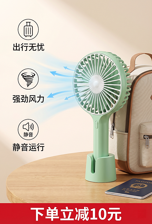 绿色手持小风扇，折叠设计，宣传卖点为出行无忧，强劲风力，静音运行，标注促销文案"下单立减10元"，电商产品主图风格