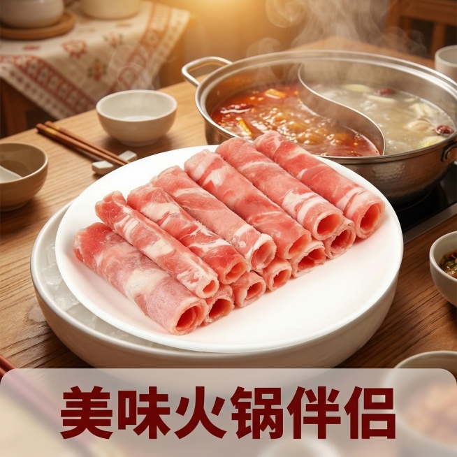 [主图 4] 牛肉风味卷火锅食用场景
[氛围/风格] 温馨居家美食氛围，暖光氛围感，真实诱人食欲。
[画面元素] 保持牛肉卷原外观不变，将牛肉卷摆放在鸳鸯火锅锅边的冰盘上，水蒸气缓缓升起，营造新鲜下锅预览效果