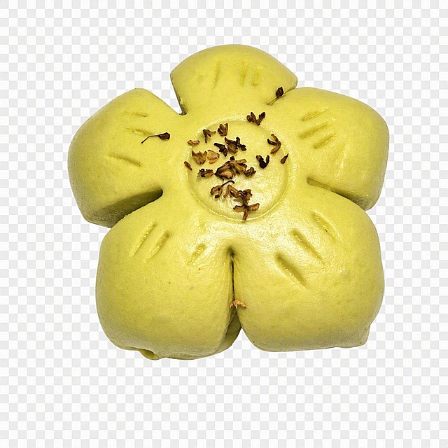 只保留中间的绿色花形糕点产品，完全去除白色盘子、油纸和所有背景，只留下糕点本身，透明背景PNG，边缘干净清晰，保留糕点的所有细节和颜色