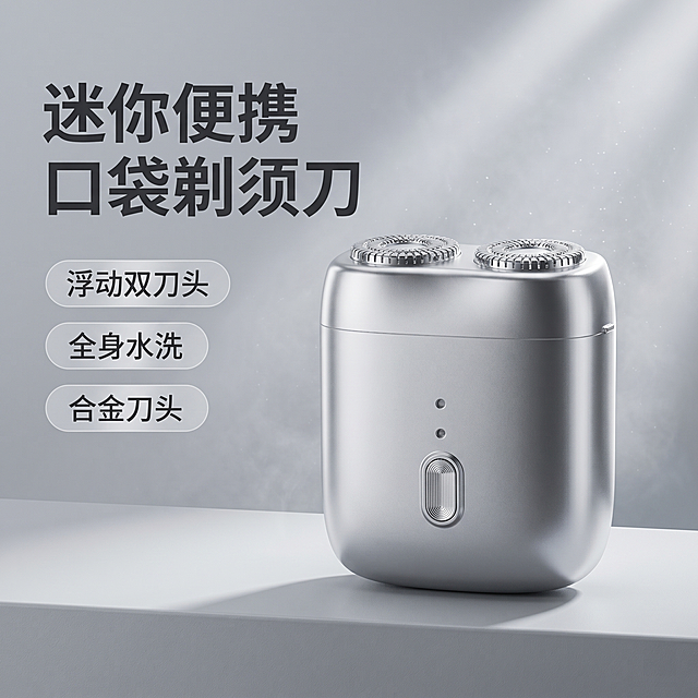 [主图 1] 迷你便携式剃须刀科技首图
[氛围风格] 现代简约科技风，专业品质感
[画质] 商业摄影质感、光线柔和通透、产品清晰真实、画面干净高级
[元素] 银色迷你剃须刀居中放置，产品占比约70%，放置在极简质感的浅灰哑光台面。保持产品外观物理结构、金属材质质感、颜色与原图绝对一致，杜绝任何变形和色差，精细化处理金属边角与刀头纹理。背景为浅灰渐变，叠加微弱体积光和轻雾粒子提升科技感，画面满屏无边框。
[光影] 侧逆光塑形，真实光影，冷光高对比，保留金属边缘高光反射，避免大面积泛白，明暗清晰，产品轮廓干净立体
[配色] 主色调为高级银灰，产品金属银为主，浅灰背景衬托
[视角构图] 四分之三平视，主体居中，景深适中，产品完整不裁切
[文字版式] 左上负空间左对齐留安全边距，主文案："迷你便携 口袋剃须刀"，大号深灰色粗体无衬线字体；三个辅助卖点胶囊标签从上到下排列："浮动双刀头"、"全身水洗"、"合金刀头"，浅灰半透明圆角胶囊配深灰文字，不遮挡产品主体
[比例分辨率] 1:1 比例，2k 分辨率，文字清晰锐利，超高清
[负向提示词] 变形，水印，文字错乱，产品模糊，背景杂乱，配色刺眼，遮挡主体