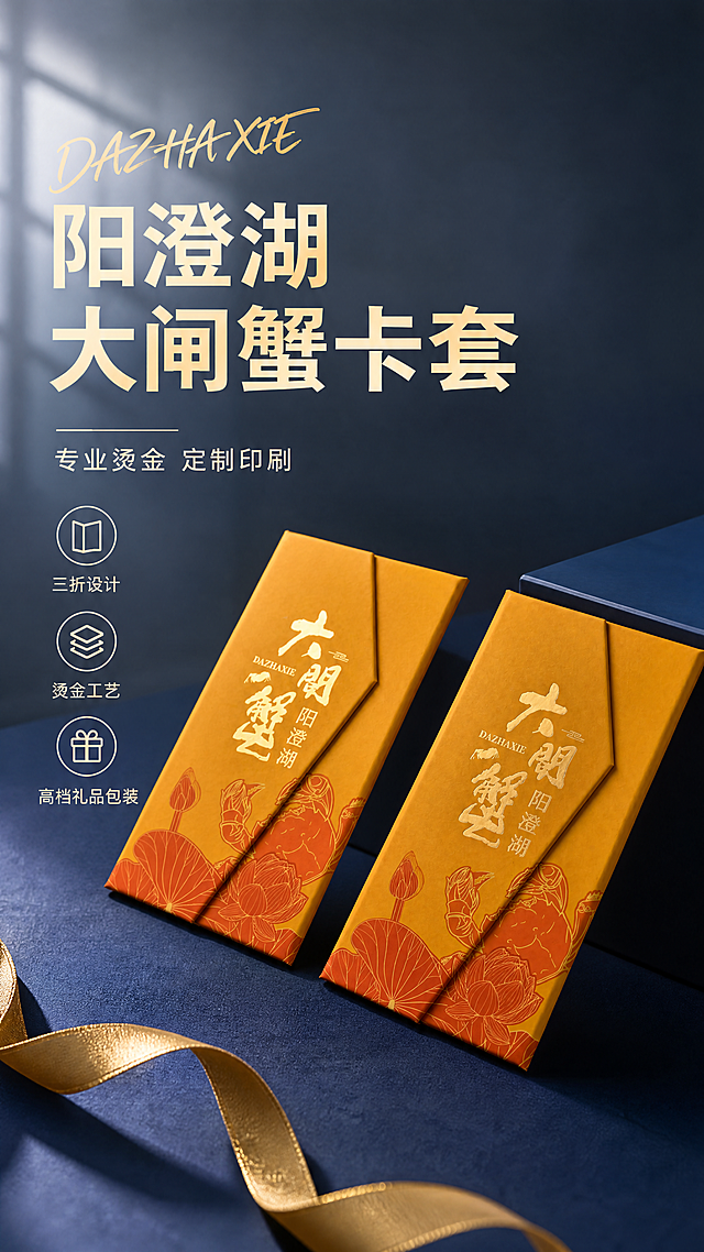 [单张主图] 三折页蟹卡卡套，高级氛围感主图，展示大闸蟹礼品卡定制包装。
[画面主体] 两个三折蟹卡卡套主体居中斜向摆放，保持原有包装外观、烫金文字工艺、橙色荷花图案、整体颜色和结构与输入产品图完全一致，杜绝任何变形和色差，精细化烫金光泽处理。商品主体占画面约55%，清晰完整展示产品设计细节。
[构图版式] 采用左文右物场景型版式，左侧保留大面积留白，产品放右侧放大展示，底部以深蓝色台面承托。
[场景元素] 背景使用低饱和度雾霾蓝色渐变，搭配浅金色丝带做装饰点缀，整体简约高级，突出产品精致质感。左侧留白放置品牌、品类词、主标题和卖点，文字不遮挡产品主体。添加3个轻图标标注核心卖点。
[文案版式] 左上区域：大号中文「阳澄湖大闸蟹卡套」，下方小号字「专业烫金 定制印刷」；三个卖点图标下方依次对应文字：三折设计、烫金工艺、高档礼品包装；文字全部放在自然留白处，不压产品结构。主标题旁添加英文手写体 "DAZHAXIE" 作装饰。
[光影质感] 主光源为柔和的左侧斜射窗光，辅助以右侧环境反光，产品轮廓带有清晰柔和投影；烫金文字呈现自然金属光泽，卡纸材质纹理清晰可见；背景虚化处理，浅景深突出主体，整体商业摄影质感清晰通透，画面干净高级。
[配色字体] 主色：雾霾蓝；辅助色：原有卡套金黄、橙红；强调色：浅金色。字体采用轻无衬线，字重克制，主标题字号最大，辅助卖点字号缩小，层次分明。
[比例分辨率] 9:16 比例，4K分辨率，文字清晰可辨，超高清。
[负向提示词] 变形，水印，错字，糊字，伪Logo，主体遮挡，背景杂乱，低清晰度，错误结构，文字遮挡产品