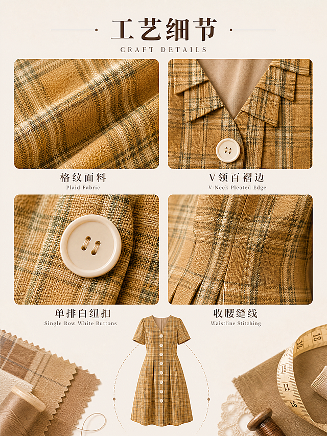 [第4屏] 工艺细节屏-格纹面料与纽扣细节特写。本屏使用【图1】作为连衣裙细节参考。
[标题版式] 衬线字体气质，标题居中偏上，主标题字重加粗，两侧细横线装饰，下方小号英文。
[氛围/风格] 高级质感细节风，暖棕色调，微距摄影质感，面料纹理清晰，工艺细节精致呈现。
[元素布局] 画面上方为标题区；下方2×2宫格展示四个细节特写：左上「格纹面料」- 微距拍摄格纹布料纹理，清晰展现织物质感；右上「V领百褶边」- 领口百褶边细节特写，展现精致工艺；左下「单排白纽扣」- 白色纽扣细节特写，展现纽扣纹理与缝线工艺；右下「收腰缝线」- 腰部收省缝线细节，展现剪裁工艺；宫格下方放置连衣裙整体小图，款式颜色与参考图一致；周围点缀布料小样、针线、卷尺等缝纫元素。
[光影质感] 柔和侧光照明，突出面料纹理的立体感与纽扣的光泽感，细节清晰锐利，光影过渡自然。
[配色色系] 全局底色 #F5EFE6（暖米杏色）；主色 暖棕格纹色；辅助色 米白、深棕、奶白色。
[视角构图] 居中对称构图，微距特写视角，阅读动线从上至下，细节宫格整齐排列。
[文字版式] 顶部主标题「工艺细节」，副标题「CRAFT DETAILS」；每个宫格下方有4字中文标签 + 小号英文注释；文字均为深棕色，清晰可读。
[比例分辨率] 3:4 竖版比例，4K分辨率，文字清晰可辨，高清画质。
[负向提示词] 面料变形，格纹错乱，颜色偏差，文字过小，水印，背景杂乱，细节模糊。