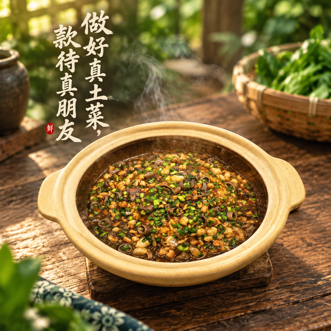 参考第一张图的设计风格和排版，保留第二张图中的砂锅菜品原样不变… - 图片创意预览