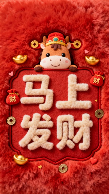 喜庆红色毛绒质感背景，中心有一个不规则边框，边框内是“马上发财”立体毛绒艺术字，上方露出一只超级可爱的卡通小马财神脑袋，小马戴着财神帽，周围点缀小金元宝、写“财”字的福袋、铜钱、小爱心等装饰，整体营造预览效果