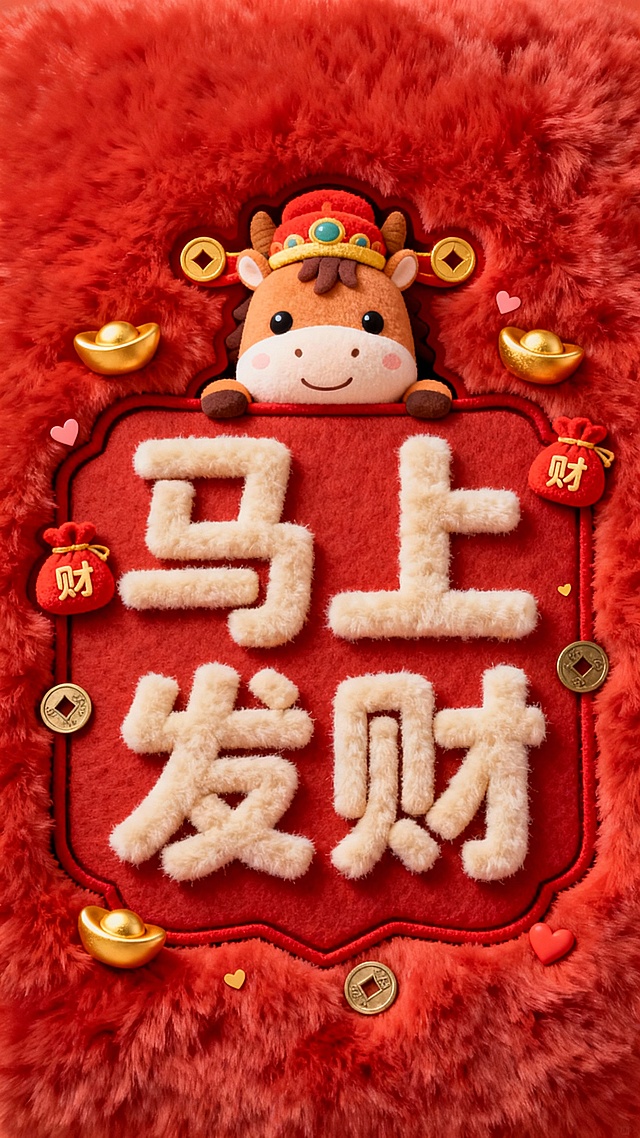 喜庆红色毛绒质感背景，中心有一个不规则边框，边框内是“马上发财”立体毛绒艺术字，上方露出一只超级可爱的卡通小马财神脑袋，小马戴着财神帽，周围点缀小金元宝、写“财”字的福袋、铜钱、小爱心等装饰，整体营造热闹讨喜的新年祝福氛围，大面积留白，风格可爱治愈