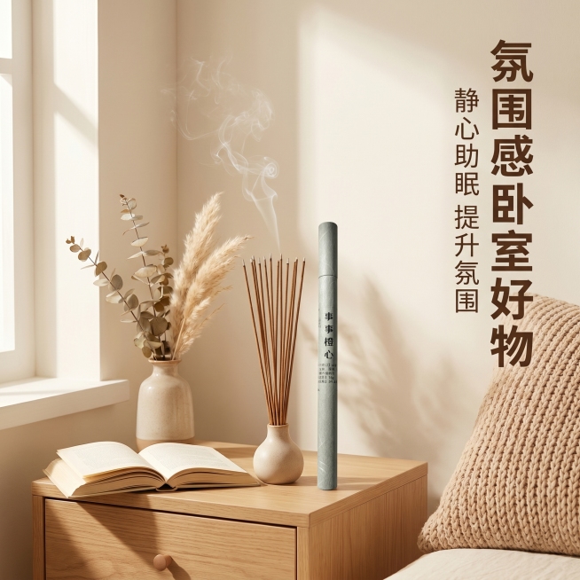 [主图-3] 事事橙心手工线香风格搭配展示图。保持手工线香和纸筒包装外观（物理结构材质质感颜色）与输入产品图绝对一致，杜绝任何变形和色差，精细化处理。[氛围风格] 温馨奶油风卧室场景，舒适治愈氛围感；预览效果