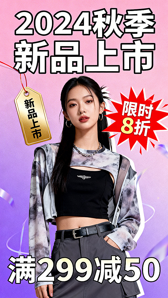 服装促销活动轮播图，时尚折扣主题，突出新品上市优惠信息，设计醒目吸引眼球，适合电商店铺使用，文件大小不超过2MB