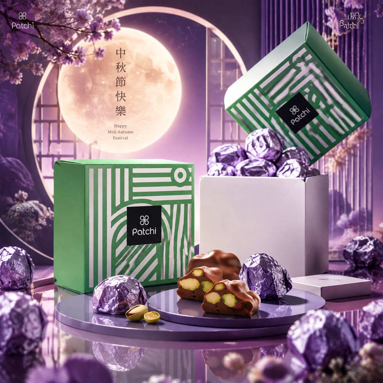 中秋节高端商业产品海报，主体是Patchi巧克力礼盒与紫色锡纸… - 图片创意预览