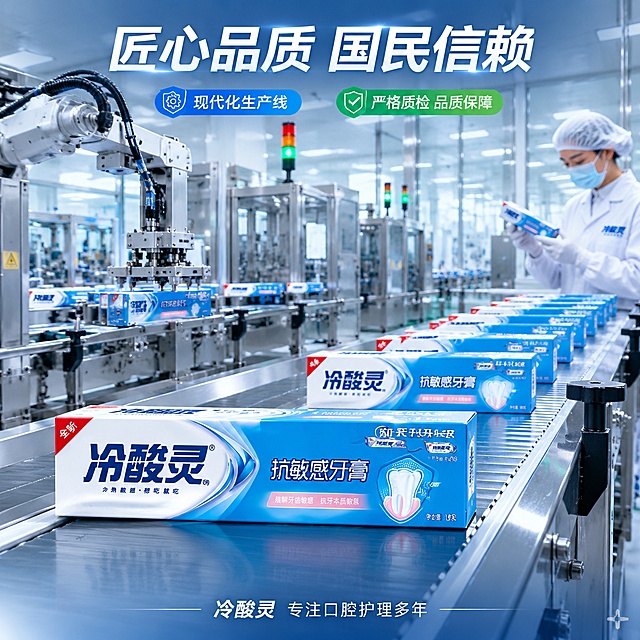 [主图-25] 冷酸灵抗敏感牙膏工厂生产线溯源图，品质保障工业风格。
[氛围风格] 现代化工厂生产线溯源，品质保障信任感，工业科技感，蓝白工业风。
[画质] 超高清工业摄影质感，生产线整洁有序，产品清晰，画面专业可信。
[元素] 画面展示现代化牙膏工厂的生产线场景。自动化生产线上，一支支冷酸灵牙膏包装盒正在传送带上有序流动，机械臂正在进行包装操作，背景是干净整洁的无菌车间，不锈钢设备、玻璃隔断、指示灯。前景处有一支完成包装的冷酸灵牙膏成品特写，外观与产品图绝对一致。画面一角有穿白色工作服戴口罩的质检工人正在检查产品。整体画面展现现代化生产和品质管控。商品主体（前景产品+生产线产品）占比约50%。
[光影] 工厂冷白色荧光灯照明，均匀明亮，不锈钢设备有金属反光，整体干净专业工业感。
[配色] 主色不锈钢银+纯白+冷蓝，辅色产品蓝白包装，工业专业配色。
[视角构图] 微俯视角度，生产线延伸向远方，前景产品突出，纵深感强，满版无边框。
[文字版式] 顶部白色粗体大字"匠心品质 国民信赖"。左侧蓝色小字"现代化生产线"。右侧绿色小字"严格质检 品质保障"。底部小字"冷酸灵 专注口腔护理多年"。文字放在上下负空间，不遮挡生产线主体。
[输出要求] 1:1比例，文字清晰锐利，超高清工业摄影质感。
[负向提示词] 变形，文字错乱，产品模糊，背景杂乱，水印，电商平台Logo，脏乱。