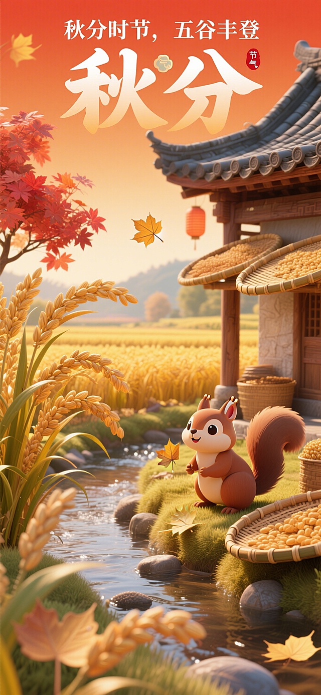 类似的，C4D风格秋分节气海报，暖金橙红主色调，画面包含饱满稻穗、金黄稻田、红枫、银杏叶、可爱卡通小动物（兔子/松鼠）、古建屋檐、晒秋竹匾与潺潺溪流，搭配立体渐变文字，整体活泼立体、充满丰收暖意，格式 | PSD 分辨率 | 300 DPI 尺寸 | 1080 x 2340 PX 颜色 | RGB，文字排版为顶部标注“秋分时节，五谷丰登”与秋分，字的旁边加点装饰贴纸啥的