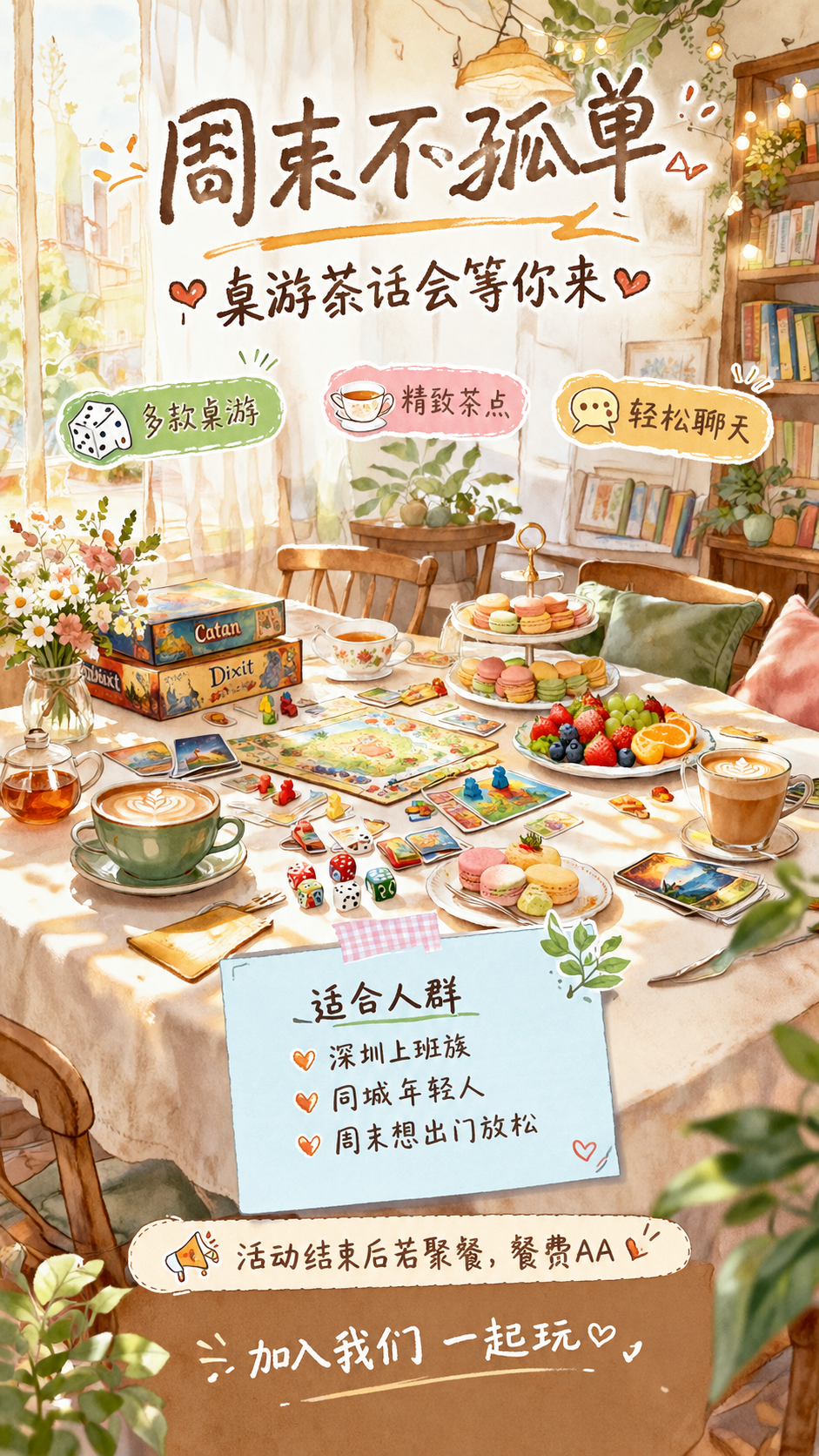 一张桌游茶话会活动宣传海报，手绘水彩插画风格，温馨治愈氛围，与… - 图片创意预览