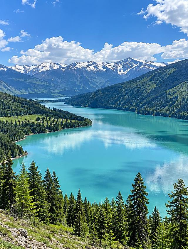 喀纳斯湖高清实拍风景图，人间净土，碧绿湖水，雪山森林环绕，湖光山色，蓝天白云，真实摄影质感，纪实质感，3:4竖版构图