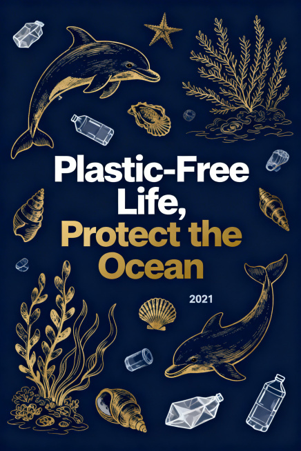极简风格公益海报，主题为"Plastic-Free Life, Protect the Ocean"，深海军蓝背景，纤细精致的金色线条绘制海洋生物（海豚、海藻、贝类）和塑料垃圾，动态不对称布局，白色和预览效果