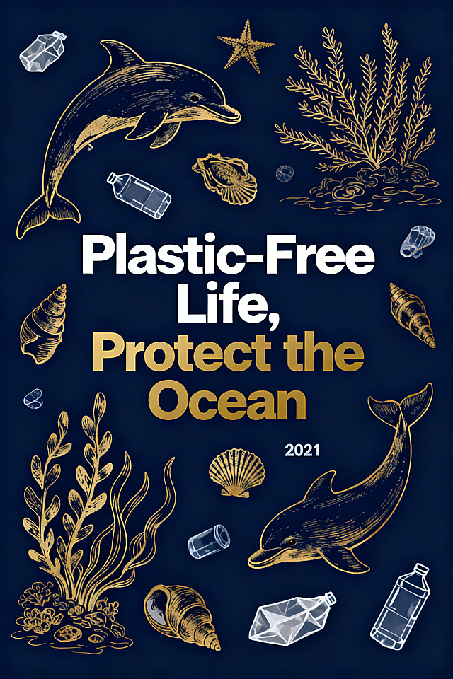 极简风格公益海报，主题为"Plastic-Free Life, Protect the Ocean"，深海军蓝背景，纤细精致的金色线条绘制海洋生物（海豚、海藻、贝类）和塑料垃圾，动态不对称布局，白色和金色的粗体现代无衬线字体，干净高对比度美学，具有冲击力和概念性，参考2021海洋科学计划海报风格