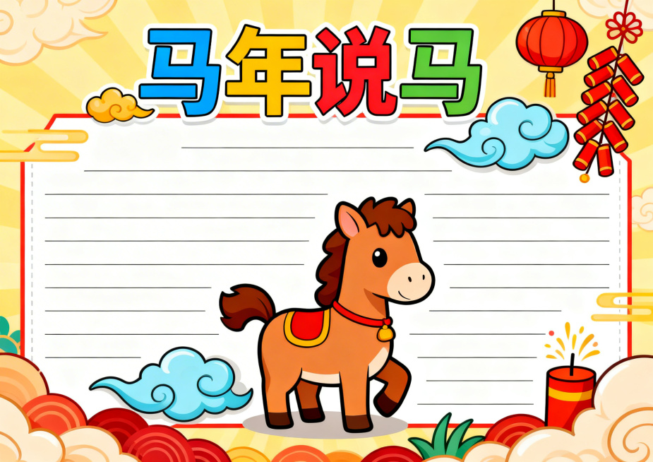 小学生马年小报，A4横向大小，标题“马年说马”，内容区域为空白横线，添加卡通小马、祥云、鞭炮等马年元素，风格活泼童趣预览效果