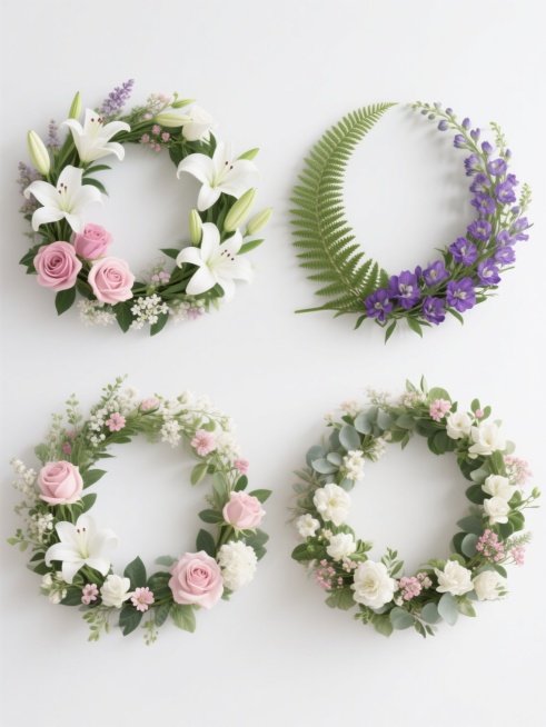 一套4个规整排布的花艺素材，保持超写实主义风格，以白色纯色为背景，每个素材均包含不同造型样式的花草，主要元素包括白色百合、粉色玫瑰、紫色飞燕草、绿色蕨类及各类白色和粉色小花，花朵和叶片具有清晰的纹理细节、自然的光影过渡和真实的材质感，整体呈现饱满、层次丰富的半圆形花艺构图，无任何文字、logo和水印。预览效果