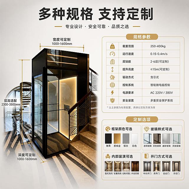 [主图-7] 规格参数与定制说明图，展示电梯的尺寸规格和可定制选项，方便用户了解产品参数。
[统一基调] 整体风格为现代高端家装质感，背景主色为浅灰米白渐变，标题字色为深灰近黑，辅助字色为中灰，强调色为香槟金，字体为无衬线粗体，字号层级分明，卡片与图标采用细圆角简约样式，整体传递专业靠谱的高端建材感。
[画面] 画面左侧是一台家用电梯的正面视图，外观与输入图中黑框玻璃电梯一致，占画面约45%，电梯四周有尺寸标注线，标注宽度、深度、高度等关键尺寸。右侧是参数表格和定制选项区域，参数表清晰列出主要规格，定制选项用图标加文字的形式展示。背景是简洁的浅灰色渐变，信息层次分明。
[光影质感] 产品保持真实摄影质感，尺寸标注线清晰精准，整体干净专业，有技术图纸的严谨感。
[配色] 背景浅灰渐变，电梯黑+玻璃，尺寸线和表格边框用细香槟金色，文字深灰色，重点参数用加粗突出，整体专业清晰。
[文字版式] 顶部大标题：「多种规格 支持定制」，粗体大号。左侧电梯有尺寸标注：「宽度可定制」「深度可定制」「层高适配」。右侧参数表包含：「载重范围」「运行速度」「层站数」「驱动方式」等参数。下方定制选项：「框架颜色可选」「玻璃样式可选」「内部装潢可选」「开门方式可选」。文字排版整齐，层次分明。
[输出要求] 1:1正方形比例，参数清晰，文字可读，电梯主体清晰不变形，无水印无平台Logo，专业规范。