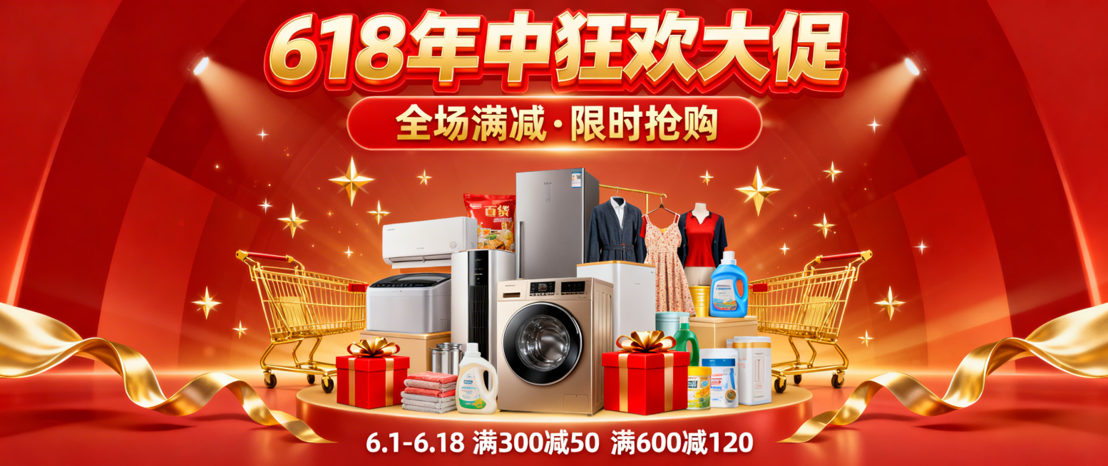 设计一张950*400px尺寸的网店618促销活动轮播图，整体风格热闹有吸引力，突出618大促主题，配色采用红金电商促销配色，适合作为百货店铺首页活动宣传图预览效果