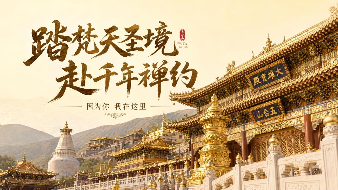 主题：踏梵天圣境 赴千年禅约 （突出主题 采用书法艺术字）
小标题：因为你 我在这里
根据文案 帮我做一张五台山旅游海报 背景画面体现金碧辉煌的五台山寺庙场景 展现出皇家气息 画面要显高级感 不要带烟预览效果